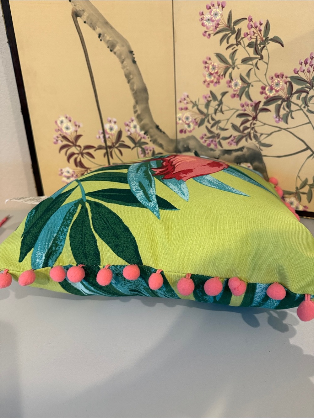 Allen & Roth Tropical Flamingo Throw Pillow Lime Green & Pink Pom 2 Pom 16 x 16 - Picture 6 of 7